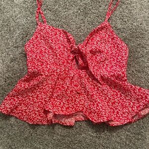 SHEIN Red and White Peplum Tie Front Camisole